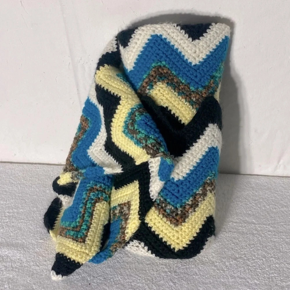 Vintage Handmade Crochet Blue Yellow Black Chevron Stripes Afghan Throw Blanket